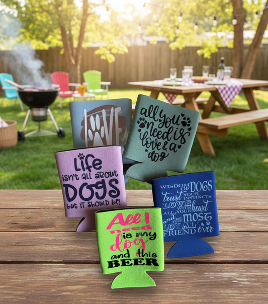 Five colorful can coolers with dog-themed text on a white background