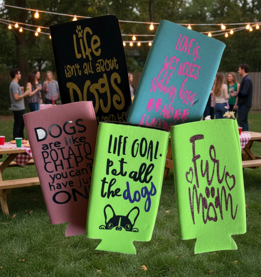 Five colorful can coolers with humorous dog-themed text on a white background
